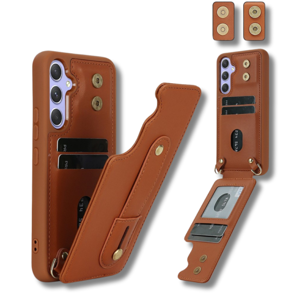 Samsung Galaxy S26 Case Kickstand Card Slots Leather Coated TPU Cover with Shoulder Strap Bruin – foto 3