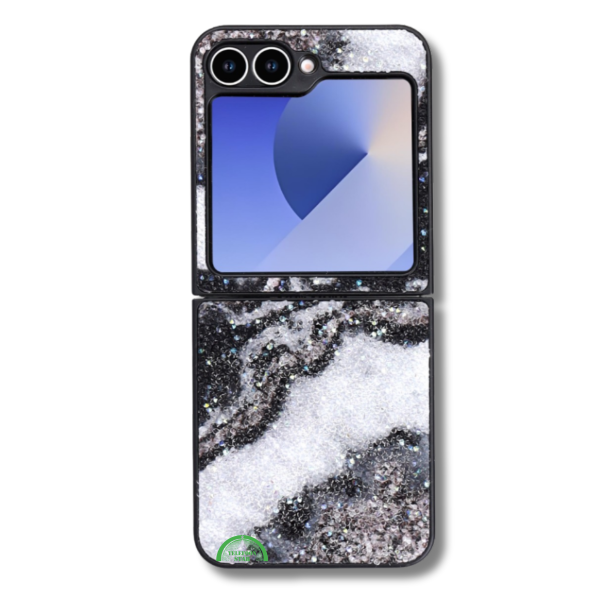 Samsung Galaxy Z Flip 7 Marmer Glitter Hoesje Zwart-Grijs – foto 6