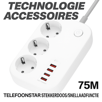 Stekkerdoos met USB & Snellader &ndash; 3 Stopcontacten + 4 USB-poorten &ndash; 65W PD & QC 3.0 &ndash; 2 Meter Snoer