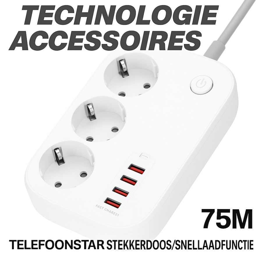 Stekkerdoos met USB &amp; Snellader &ndash; 3 Stopcontacten + 4 USB-poorten &ndash; 65W PD &amp; QC 3.0 &ndash; 2 Meter Snoer