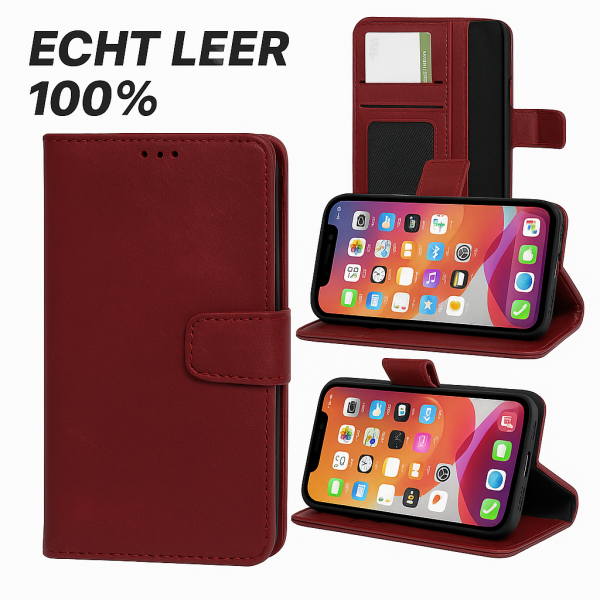 iPhone 15 Pro Max 100% leer hoesje | Ruimte voor drie pasjes | 2 in 1 functie | Rood – foto 8