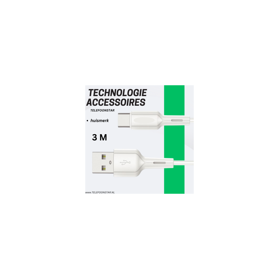 USB-A naar USB-C Kabel &ndash; 3 Meter &ndash; Data &amp; Opladen &ndash; Extra Lang &amp; Betrouwbaar