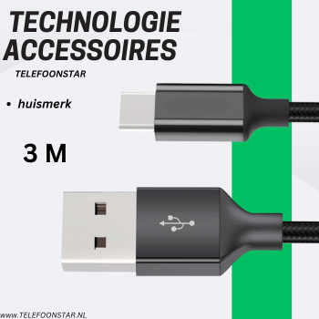 USB-A naar USB-C Kabel &ndash; 3 Meter &ndash; Data & Opladen zwart&ndash; Extra Lang & Betrouwbaar