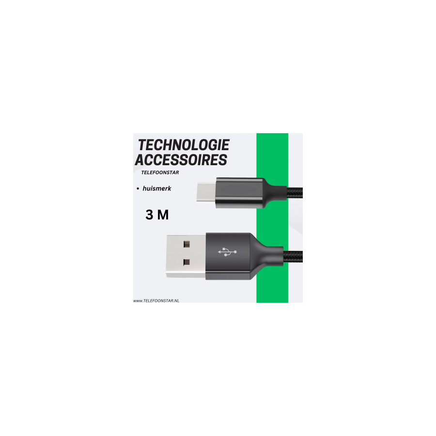 USB-A naar USB-C Kabel &ndash; 3 Meter &ndash; Data &amp; Opladen zwart&ndash; Extra Lang &amp; Betrouwbaar