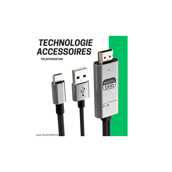 USB-C naar HDMI Kabel met USB-A Power &ndash; 4K 60Hz &ndash; Voor Laptops, Tablets &amp; Smartphones – foto 4