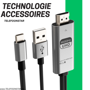 USB-C naar HDMI Kabel met USB-A Power &ndash; 4K 60Hz &ndash; Voor Laptops, Tablets & Smartphones