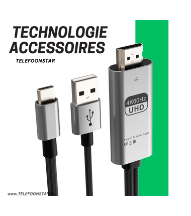 USB-C naar HDMI Kabel met USB-A Power &ndash; 4K 60Hz &ndash; Voor Laptops, Tablets & Smartphones