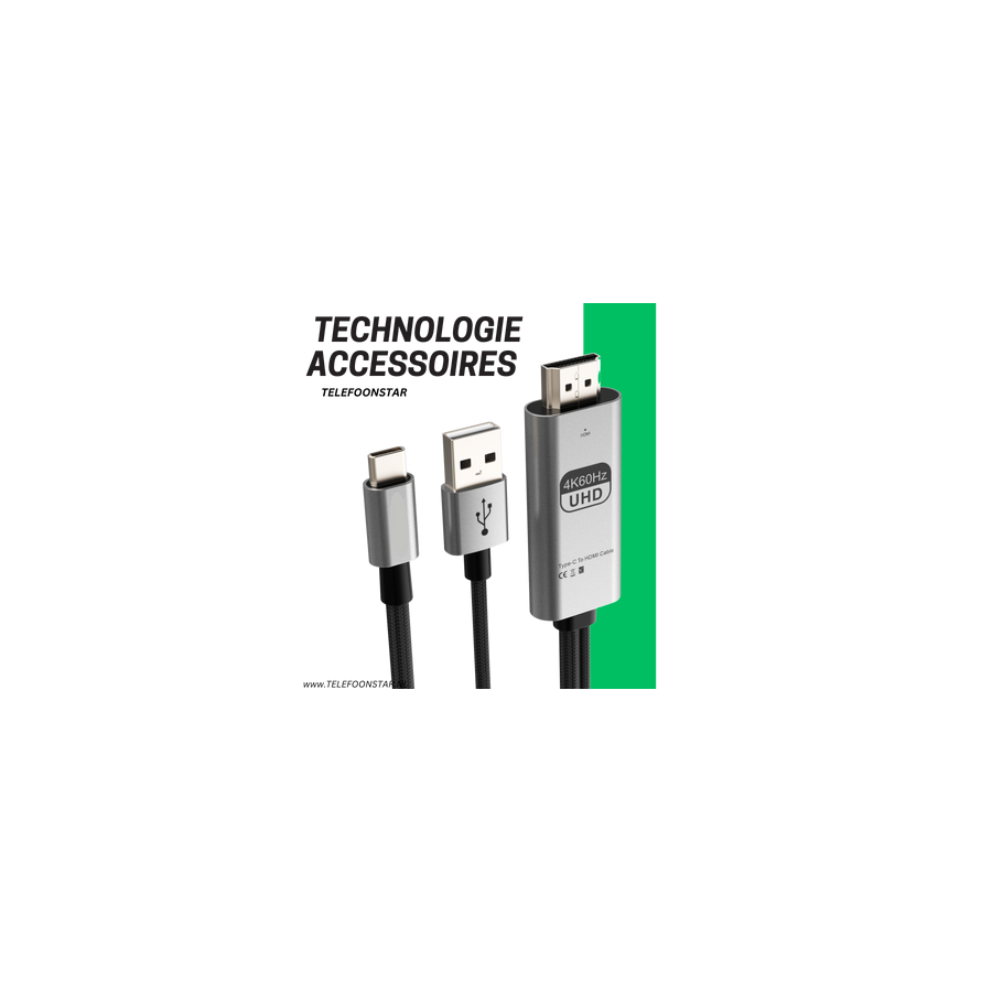 USB-C naar HDMI Kabel met USB-A Power &ndash; 4K 60Hz &ndash; Voor Laptops, Tablets &amp; Smartphones
