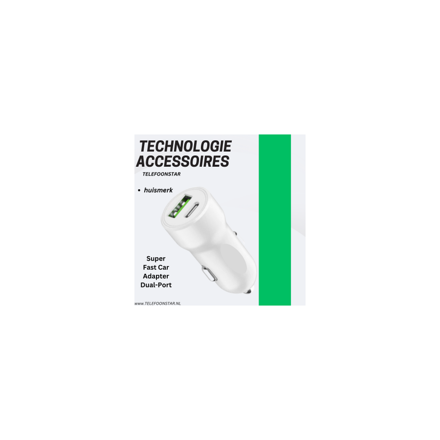 USB-C + USB-A Autolader &ndash; Snellader voor in de Auto &ndash; 2 Poorten &ndash; Compact &amp; Krachtig