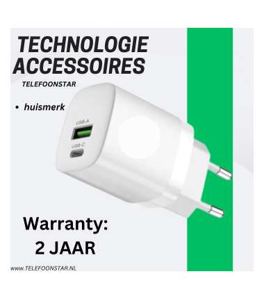 USB-C + USB-A Snellader &ndash; Power Delivery & Quick Charge 3.0 &ndash; 2-Poorts Wandadapter &ndash; Compact en Krachtig