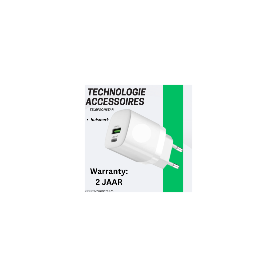 USB-C + USB-A Snellader &ndash; Power Delivery &amp; Quick Charge 3.0 &ndash; 2-Poorts Wandadapter &ndash; Compact en Krachtig