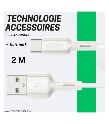 USB naar USB-C Kabel &ndash; 2 Meter &ndash; 2.4A Output &ndash; Snelladen & Data &ndash; Wit