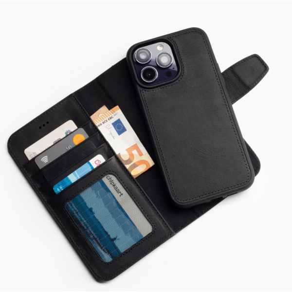 iPhone 15 Pro 2 in 1 Bookcase | 100% Leer | Ruimte voor drie pasjes | Zwart – foto 3