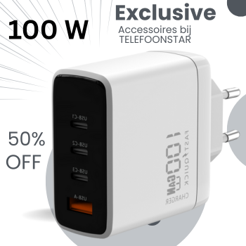 100W GaN Snellader met USB-A en 3x USB-C &ndash; Geschikt voor Laptop, Tablet en Smartphone