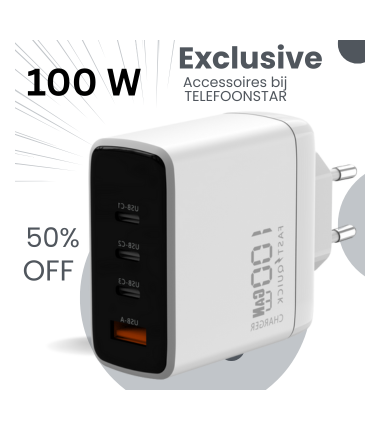 100W GaN Snellader met USB-A en 3x USB-C &ndash; Geschikt voor Laptop, Tablet en Smartphone