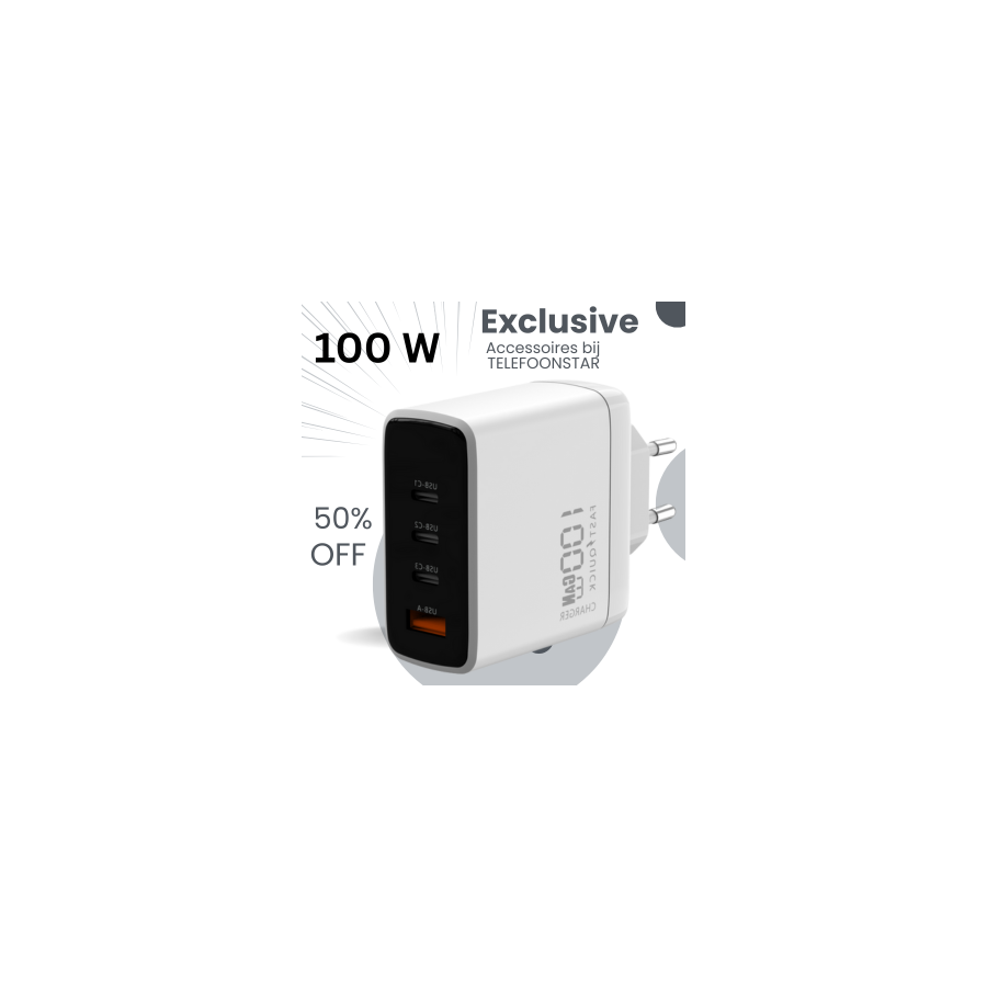 100W GaN Snellader met USB-A en 3x USB-C &ndash; Geschikt voor Laptop, Tablet en Smartphone